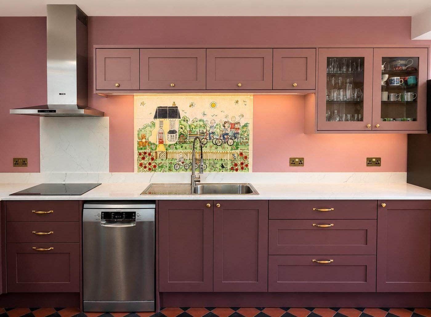 Earth Red & Antique Rose cabinetry, checkerboard floor in Harbury bespoke kitchen